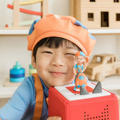 Authentic Tonies Blippi figurine packaging showcasing road trip tracklist details