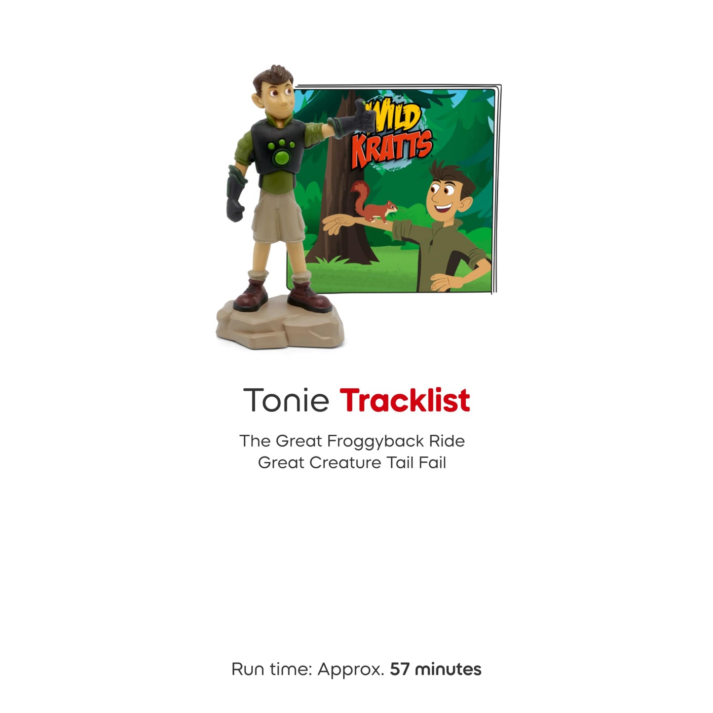 Packaging view of the USA imported Tonies Wild Kratts Chris audio character detailing the tracklist and run time