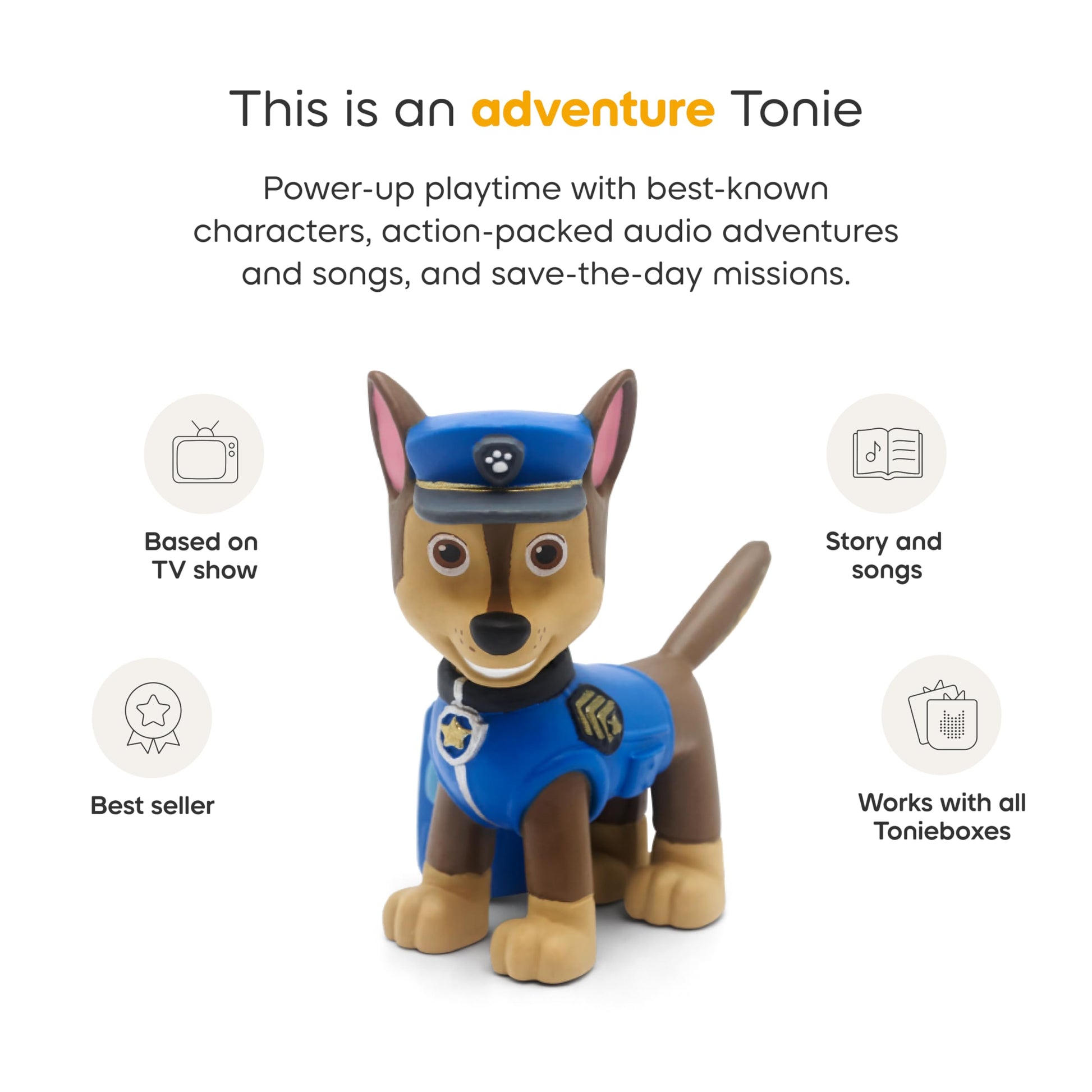 Side view of Tonies Paw Patrol Chase audio character for independent childhood play