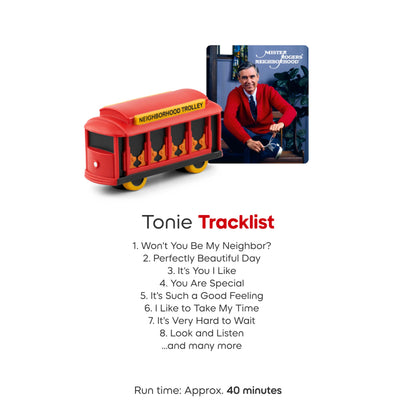 Authentic USA imported Tonies Mister Rogers packaging displaying the tracklist and age recommendations.