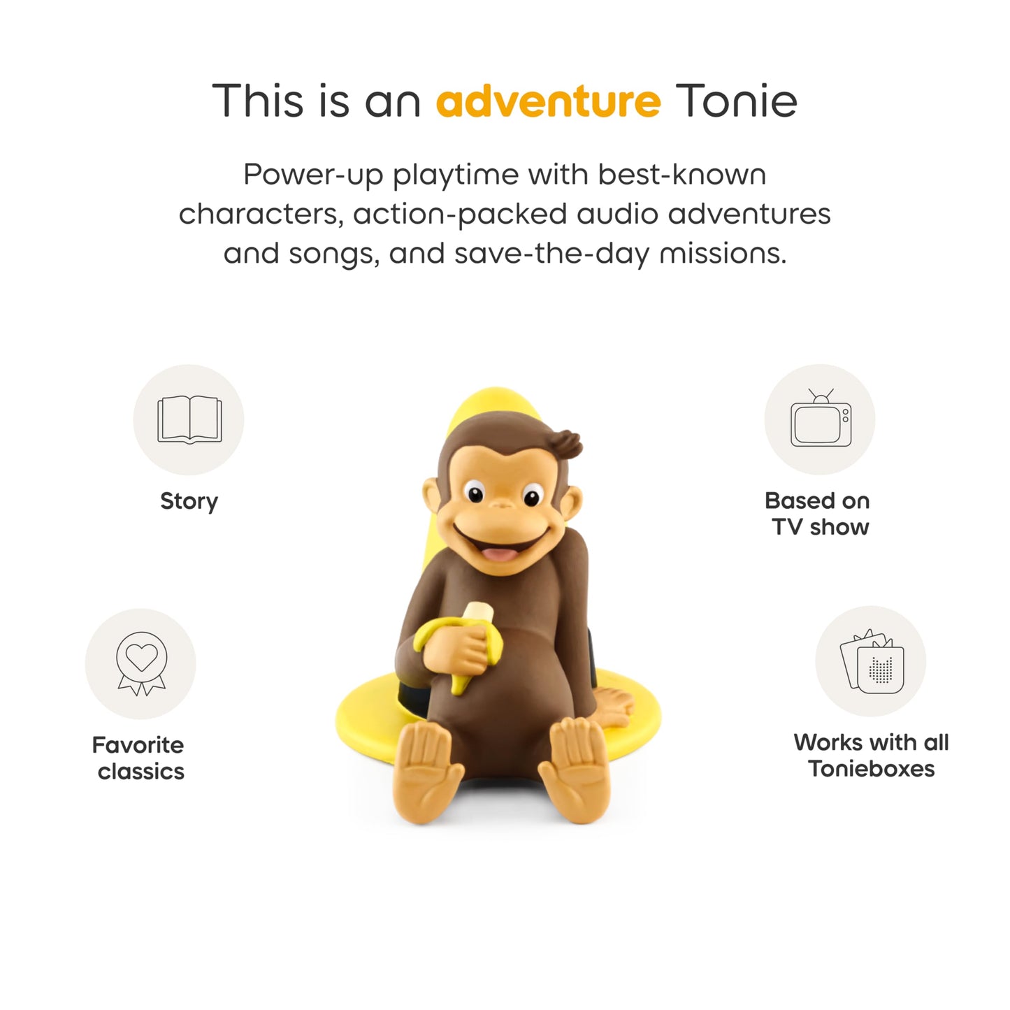 Tonies Curious George interactive audio toy package showing the front box layout and details