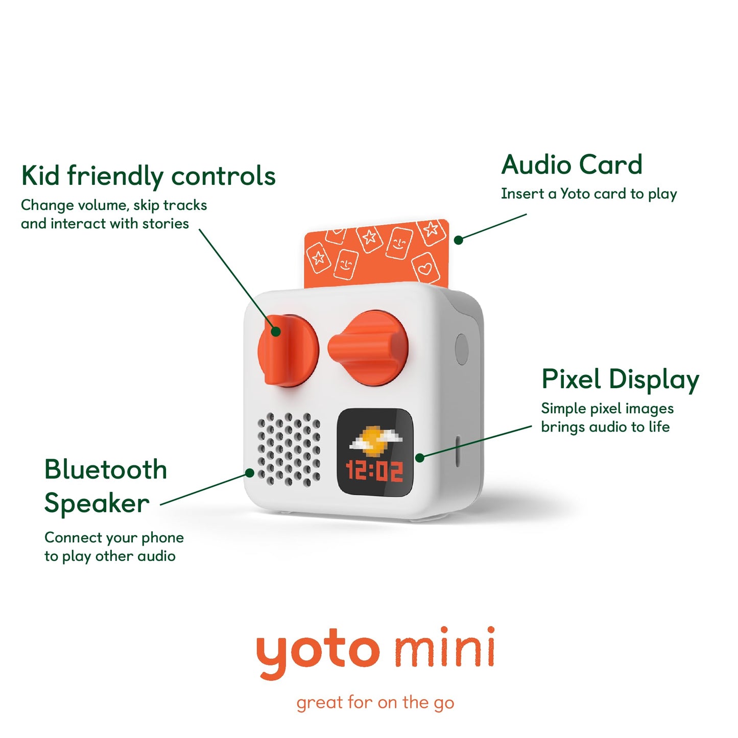 White child friendly portable audio player with two signature orange control knobs