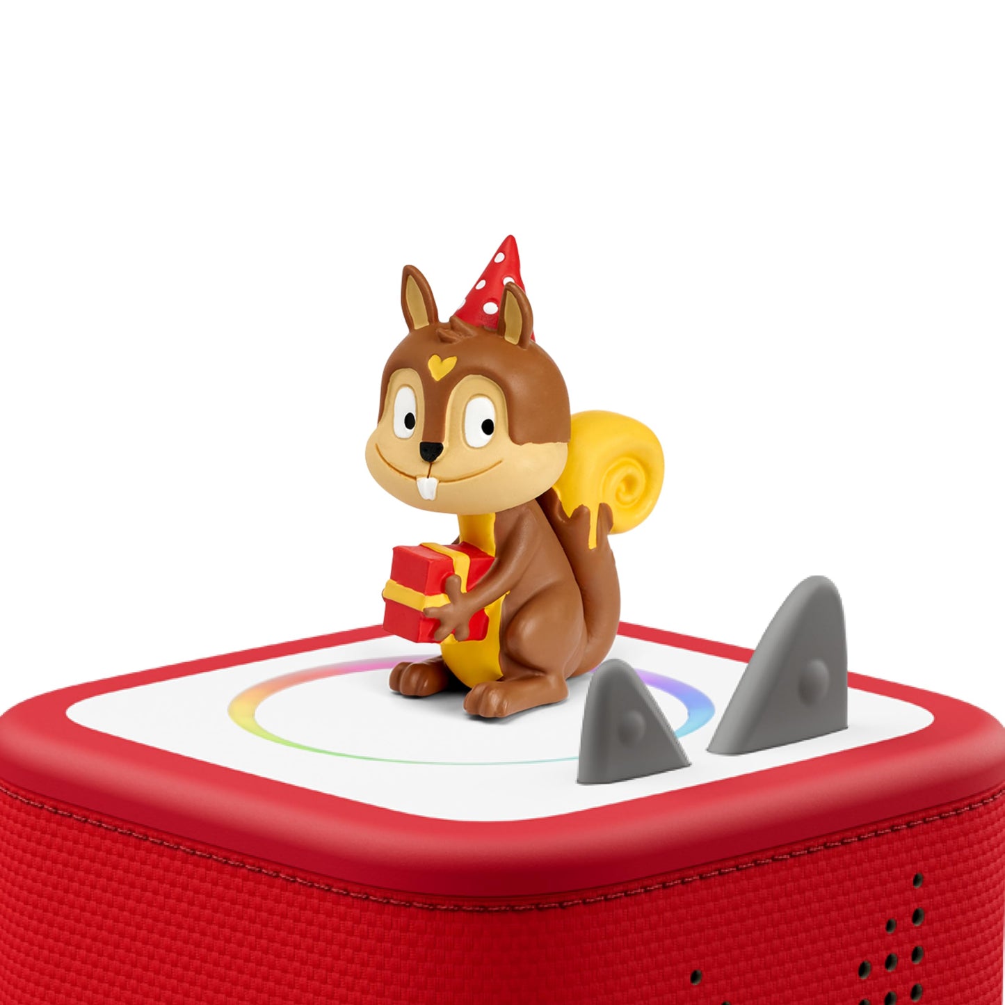 Authentic Tonies Birthday Songs audio character highlighting the hand-painted detailing on the festive squirrel toy.