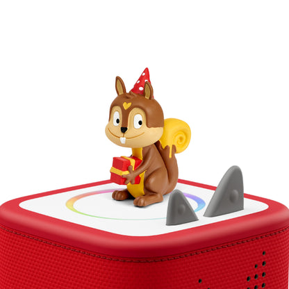 Authentic Tonies Birthday Songs audio character highlighting the hand-painted detailing on the festive squirrel toy.