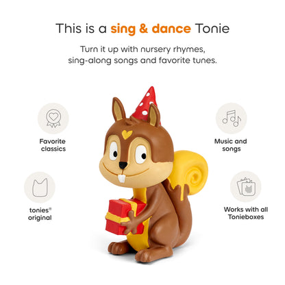 Close up view of the packaging for the Tonies Celebration Songs Audio Play character.