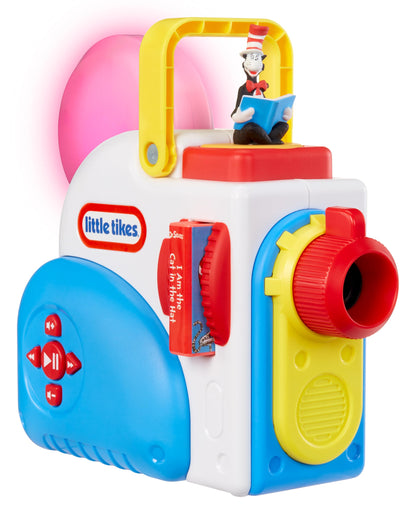 Little Tikes bedtime story projector displaying a colorful Dr Seuss slide on a dark wall
