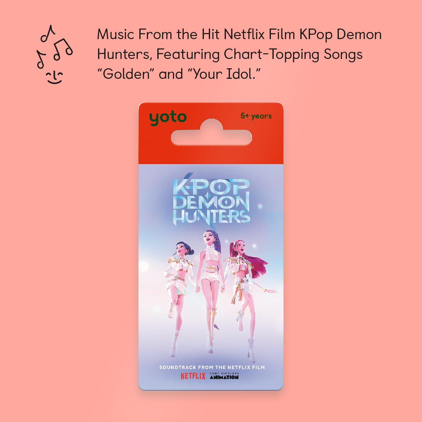 Authentic Yoto screen free audio music card standing upright beside a compatible smart player device.