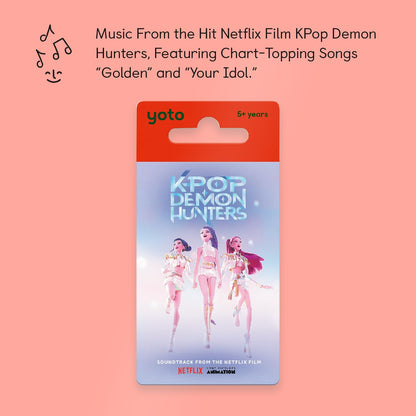 Authentic Yoto screen free audio music card standing upright beside a compatible smart player device.
