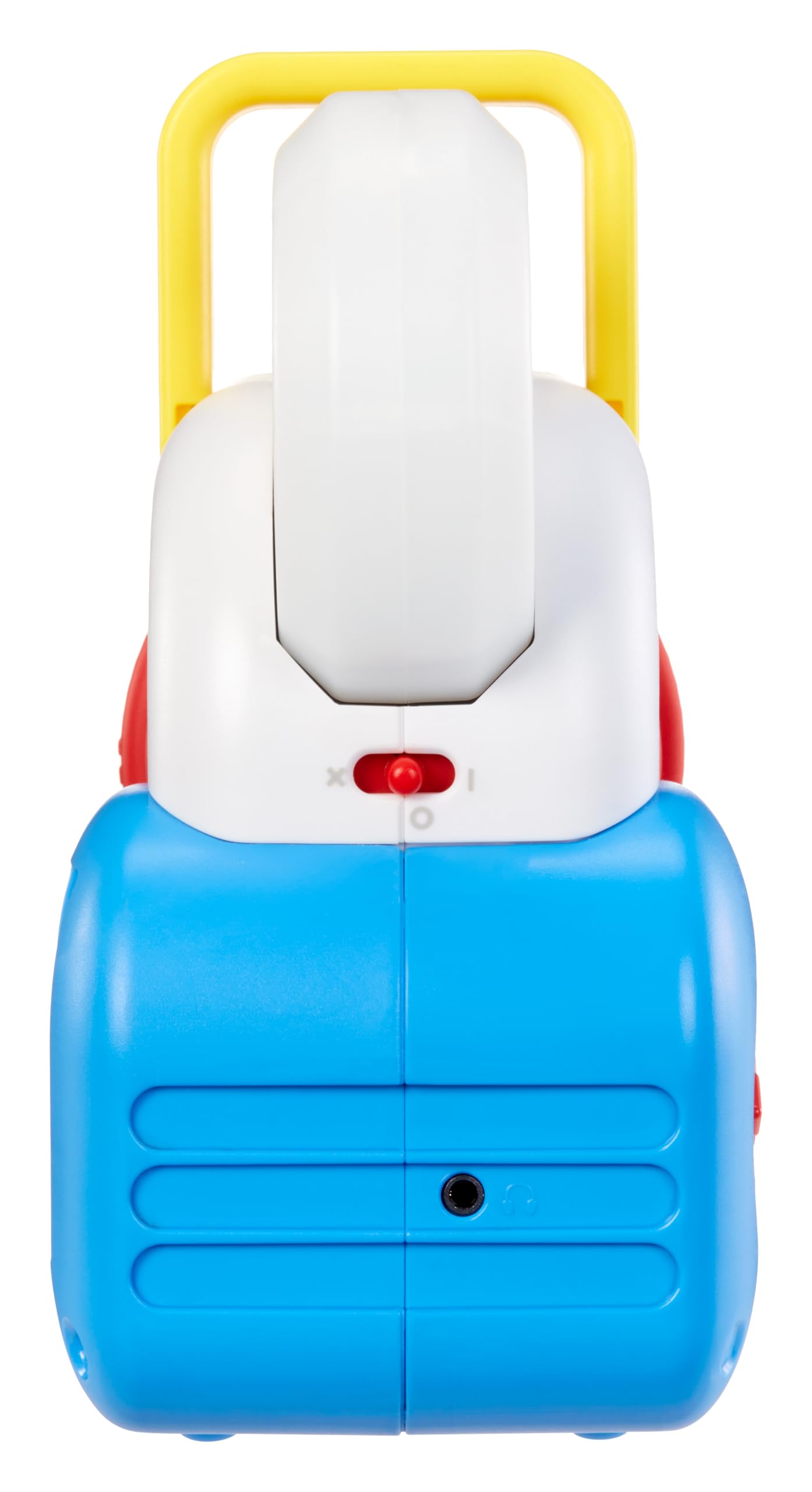 Kid holding the built in handle of the portable interactive story dream machine