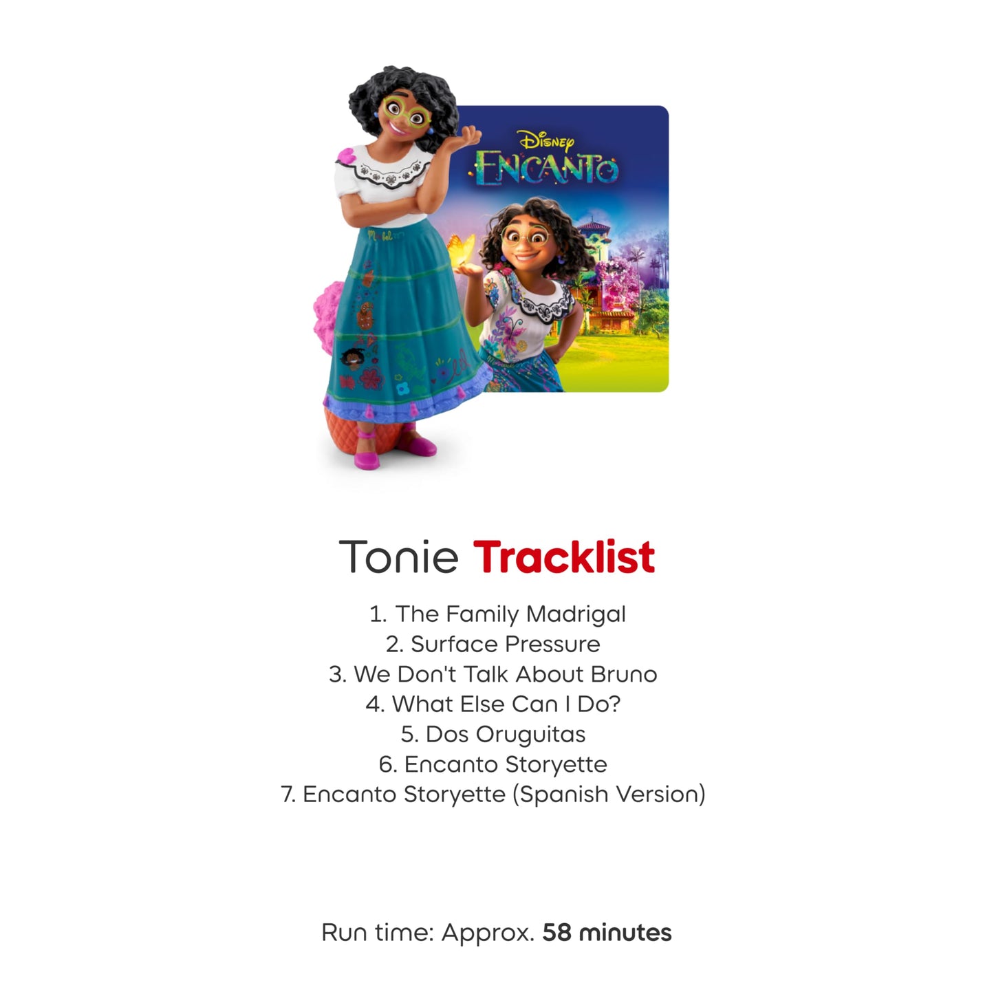 Packaging box layout for the USA imported Tonies Disney Encanto audio play character.