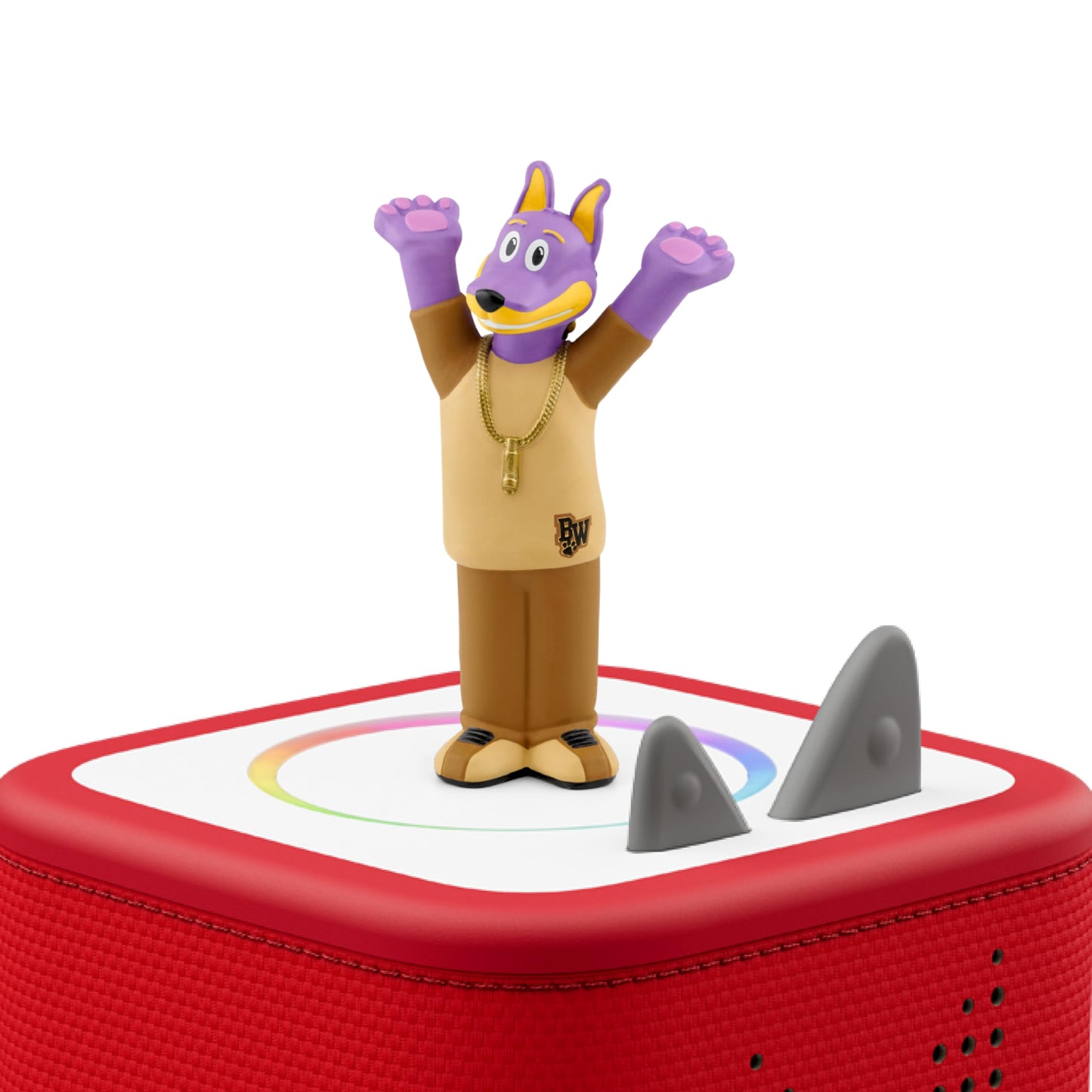 Tonies Doggyland Bow Wizzle character placed on top of a Toniebox audio player.