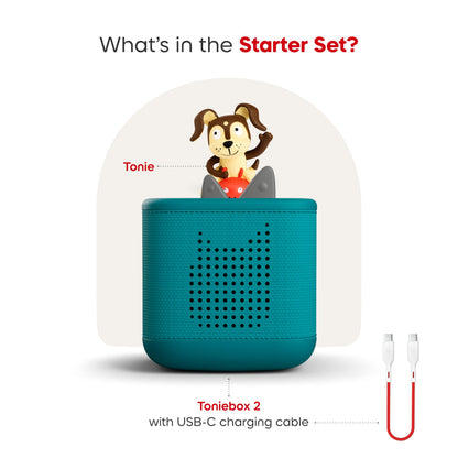 Tonies Toniebox 2 interactive children toy with the Playtime Puppy magnetic figurine resting on the top contact pad.