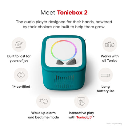 Tonies Toniebox 2 smart audio player highlighting the dynamic colorful light ring glowing during playback.
