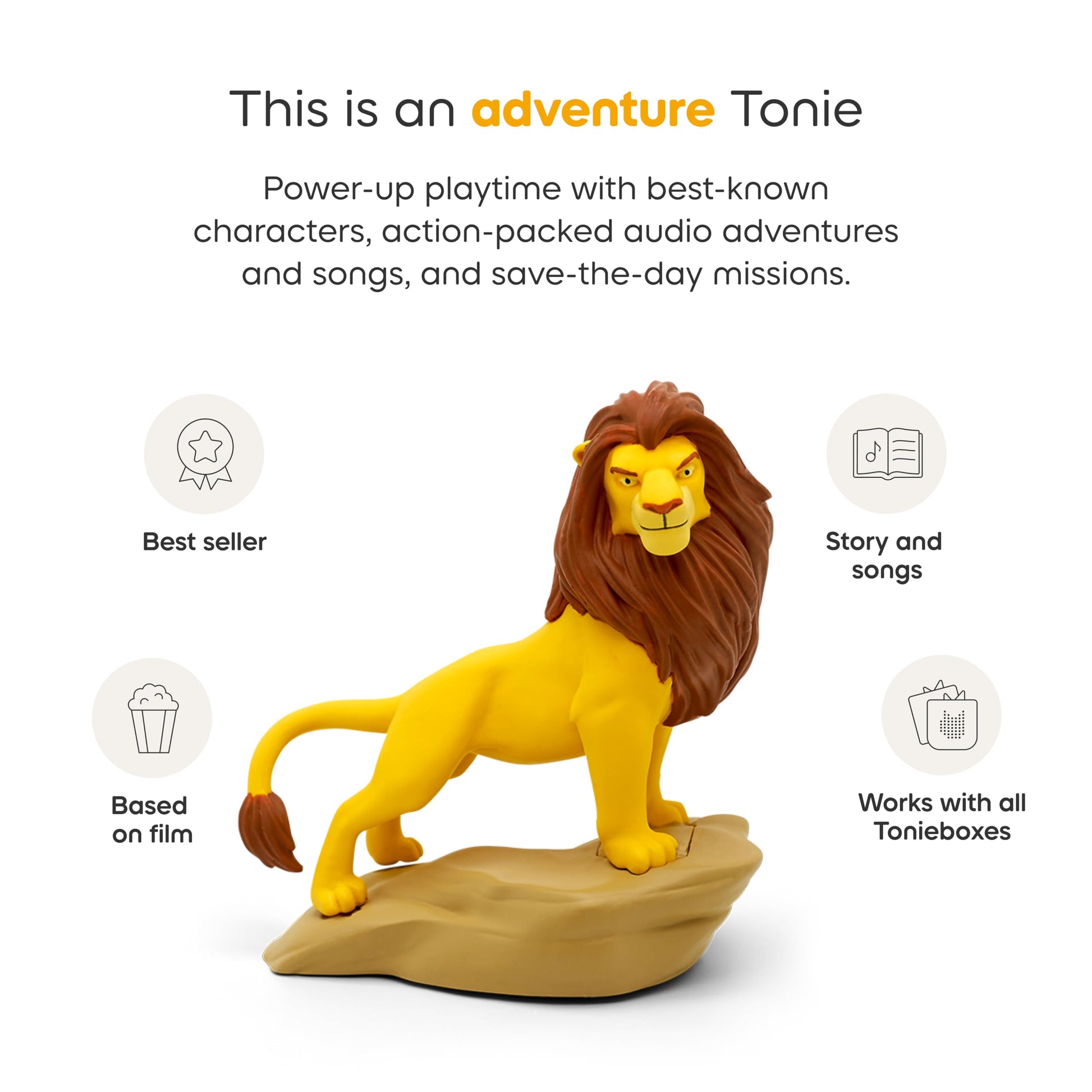 Close up of the durable Tonies Simba figurine designed for screen-free toddler entertainment.