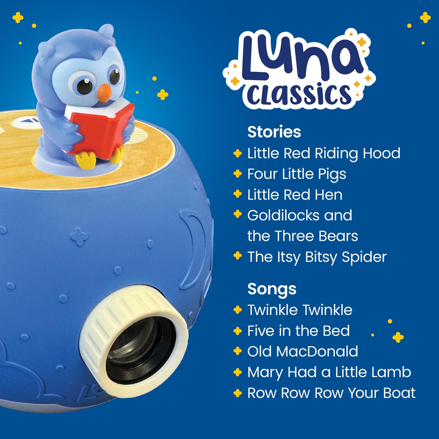 Luna Storytime interactive toy illustrating the light up buttons and convenient top carrying handle.