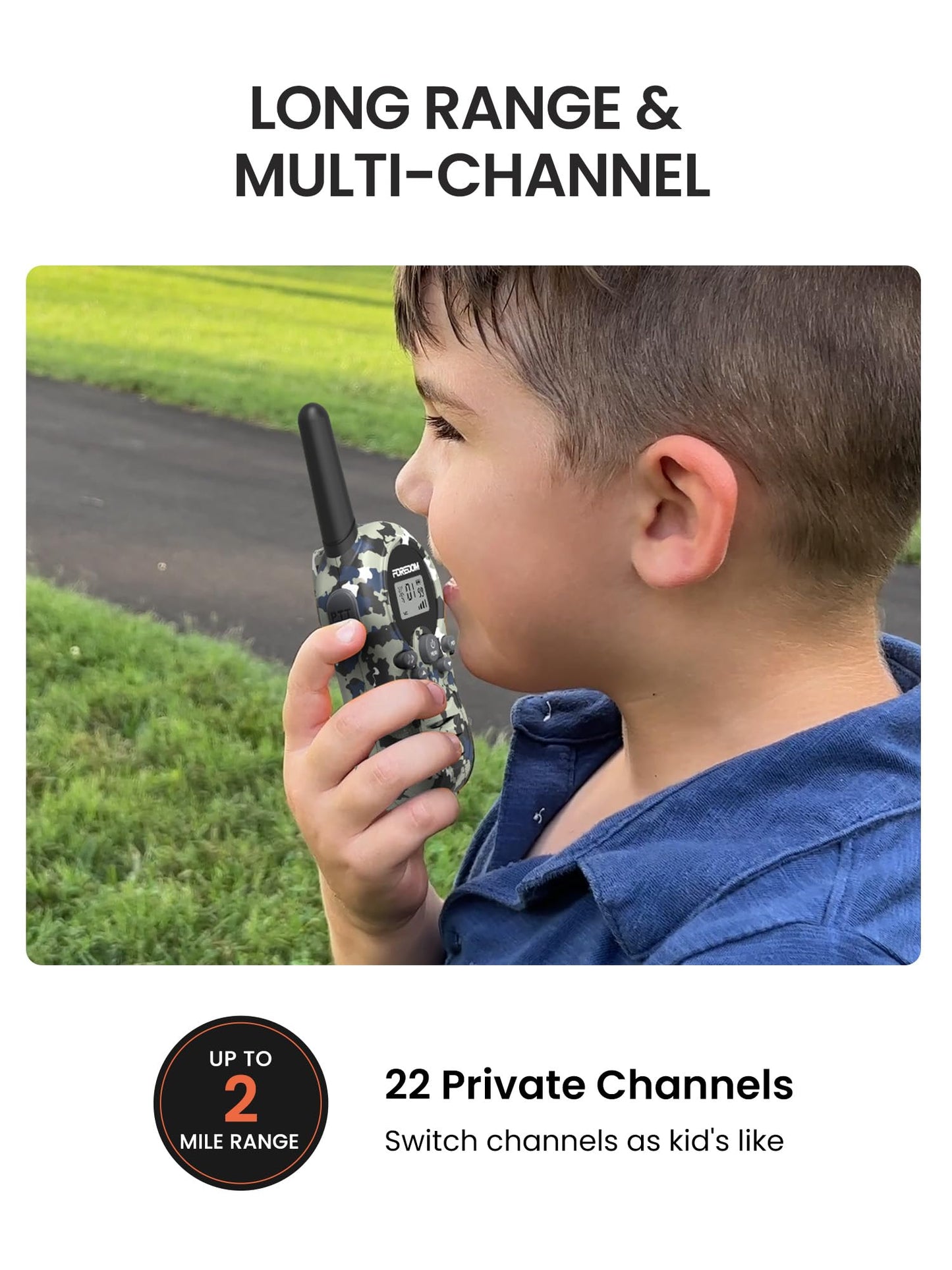 Two pack of FOREDOM children two way radios with integrated antennas displayed side by side