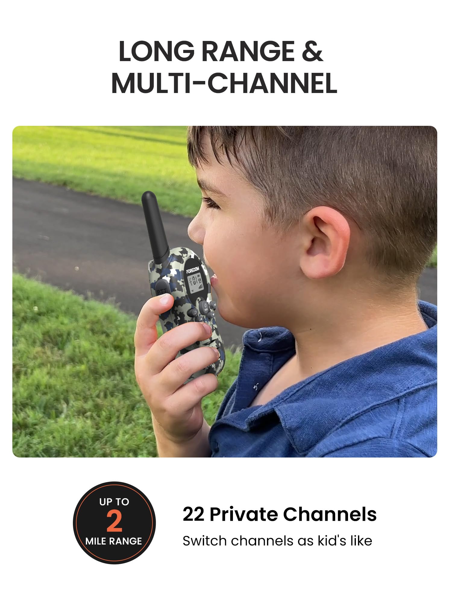 Two pack of FOREDOM children two way radios with integrated antennas displayed side by side