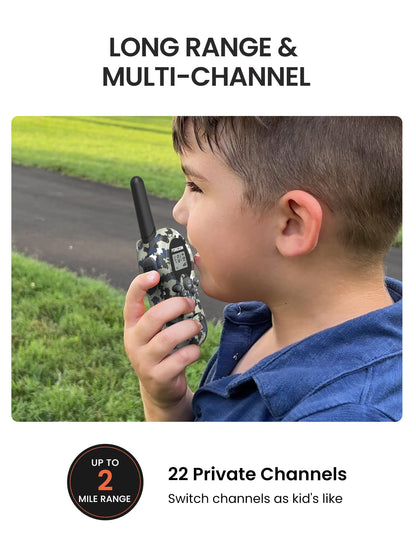 Two pack of FOREDOM children two way radios with integrated antennas displayed side by side