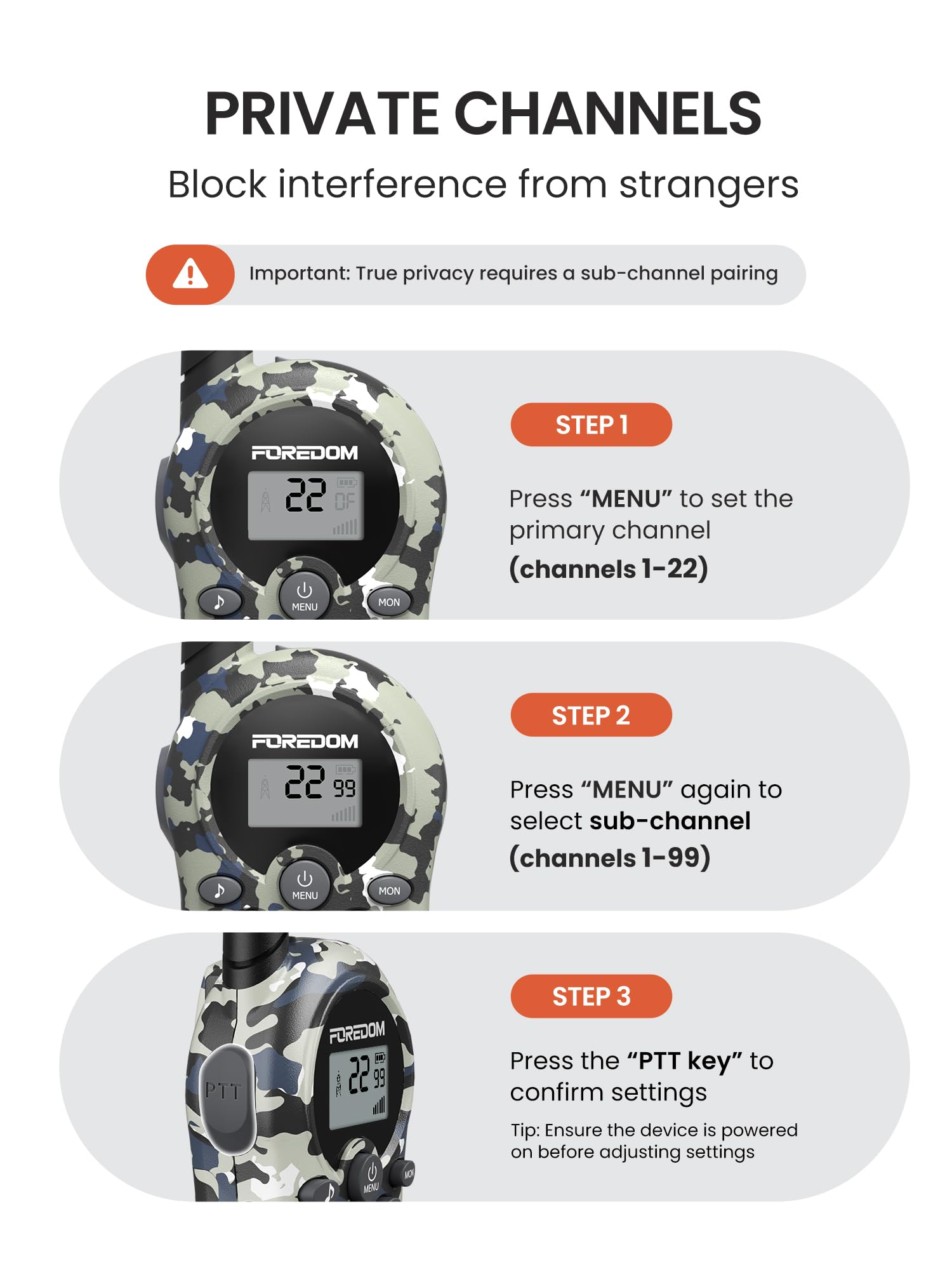 Side profile of camouflage FOREDOM communication toy showing the durable plastic casing design