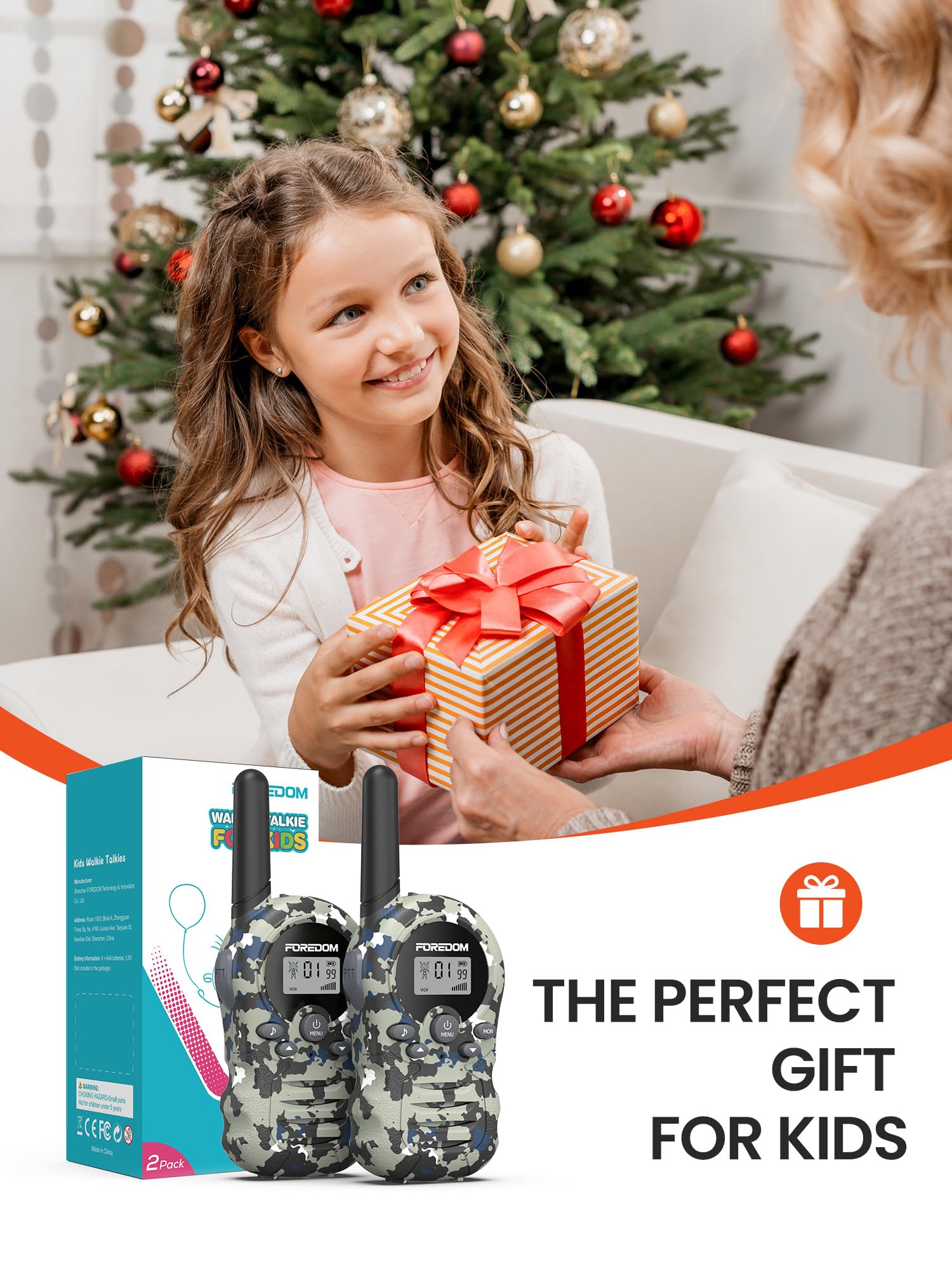 FOREDOM kids walkie talkie set packaged in its premium gift box layout
