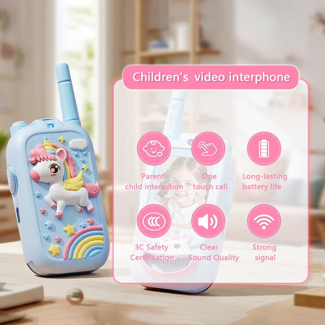 Side profile of Kahopy kids two way radio toy showing charging port and durable volume buttons