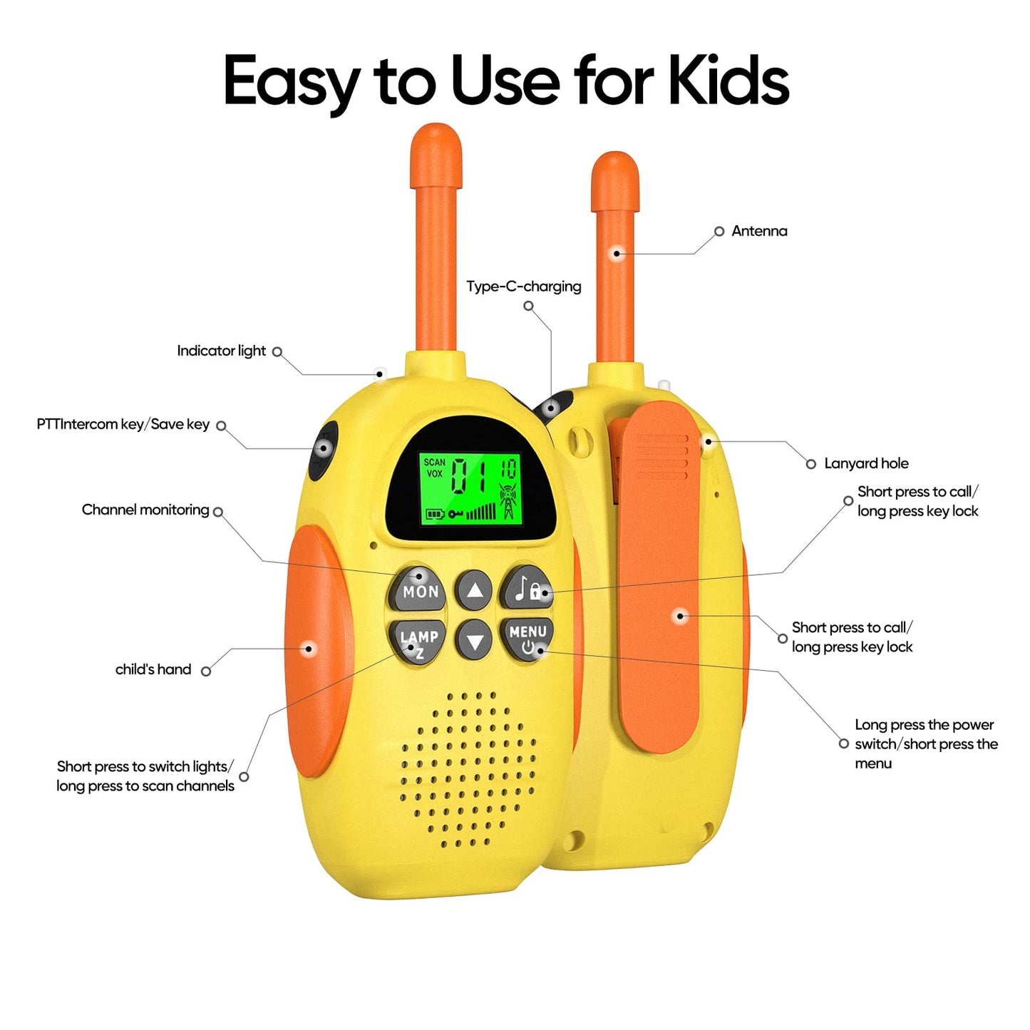 HPROMOT children two way radio set showcasing the built in LED flashlight feature on top of the device.