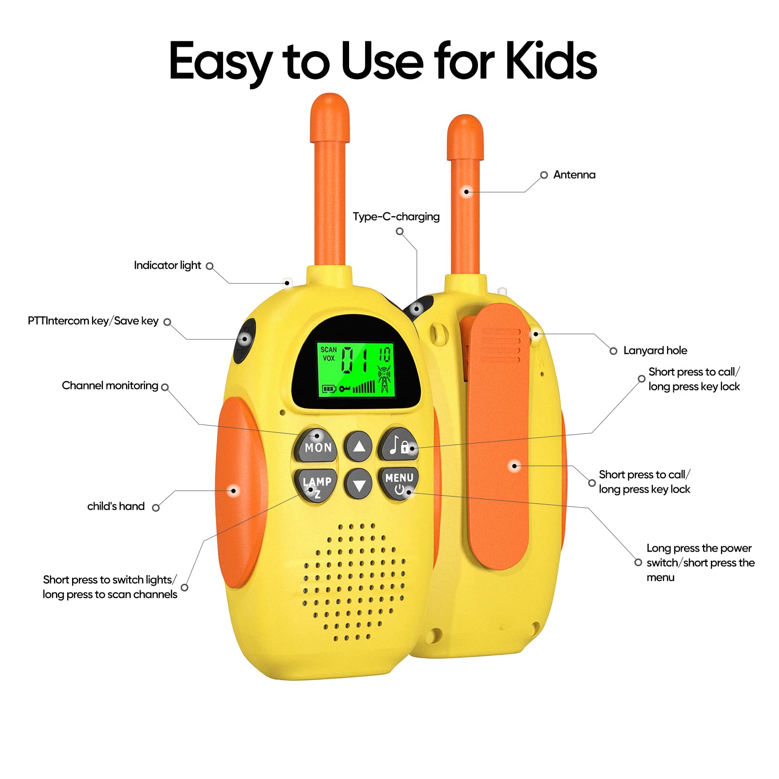 HPROMOT children two way radio set showcasing the built in LED flashlight feature on top of the device.
