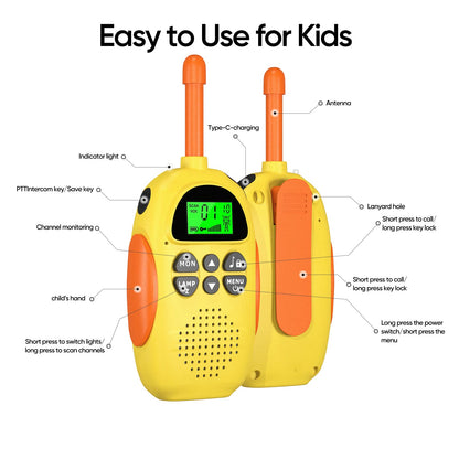 HPROMOT children two way radio set showcasing the built in LED flashlight feature on top of the device.