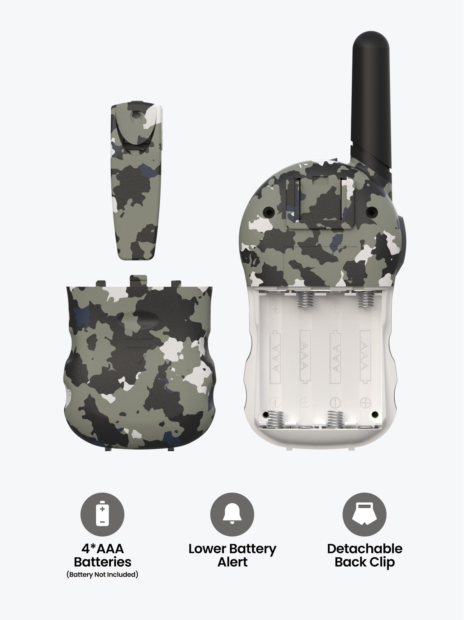 Open battery compartment of a FOREDOM two way radio illustrating the 4 AAA battery setup layout