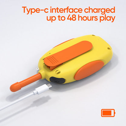 HPROMOT walkie talkies for boys and girls highlighting the micro USB charging port and included charging cable.