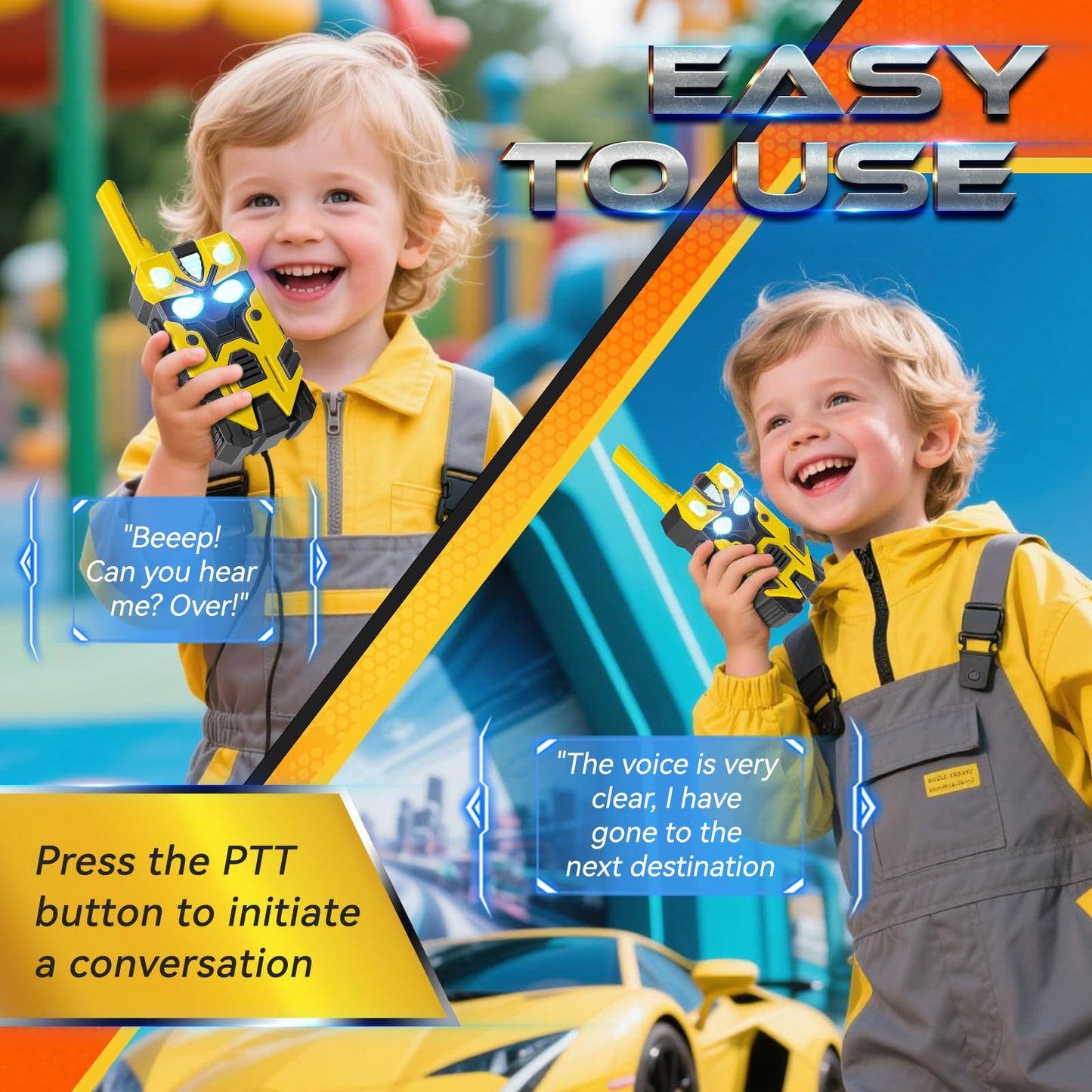 Close-up of the simple push-to-talk button layout on the durable ABS plastic walkie-talkie casing.