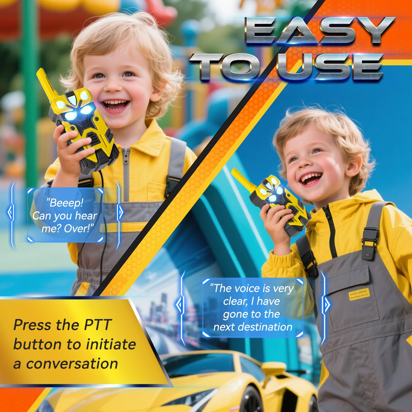 Close-up of the simple push-to-talk button layout on the durable ABS plastic walkie-talkie casing.
