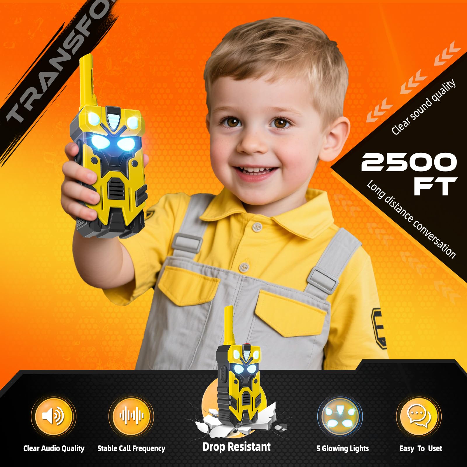 The premium USA imported BTMBORY transformer-themed communication set showing the detailed battery compartment.