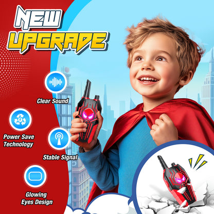 Two pack of rechargeable superhero two way radio toys displaying light up character eyes.
