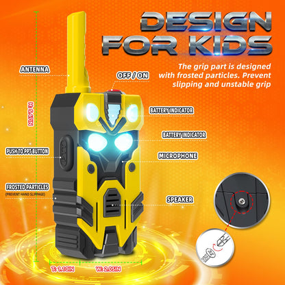 Bright LED light-up eye effects displayed on the yellow robot walkie-talkies during indoor evening play.