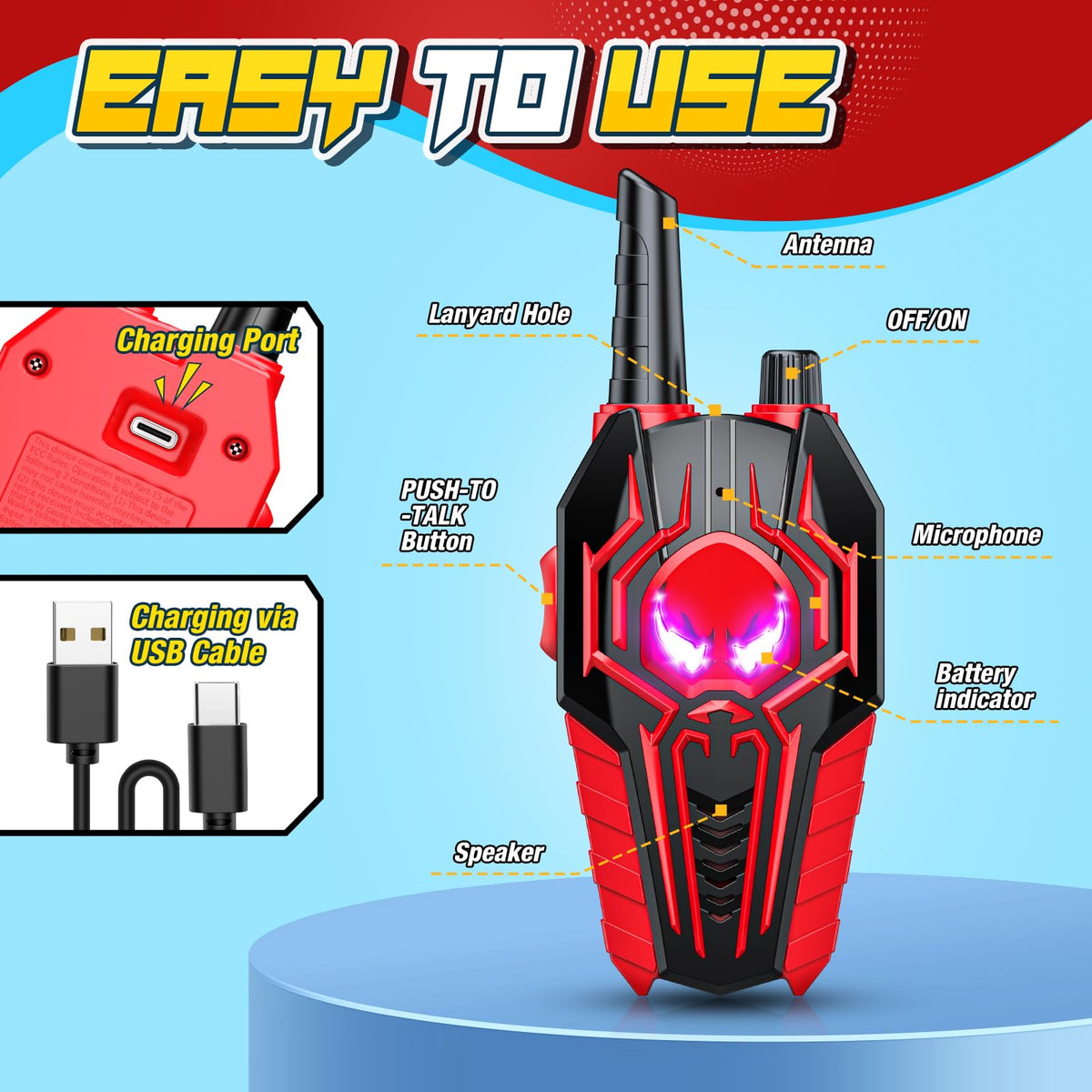 Kids electronic two way radio devices showing the convenient push to talk function button.