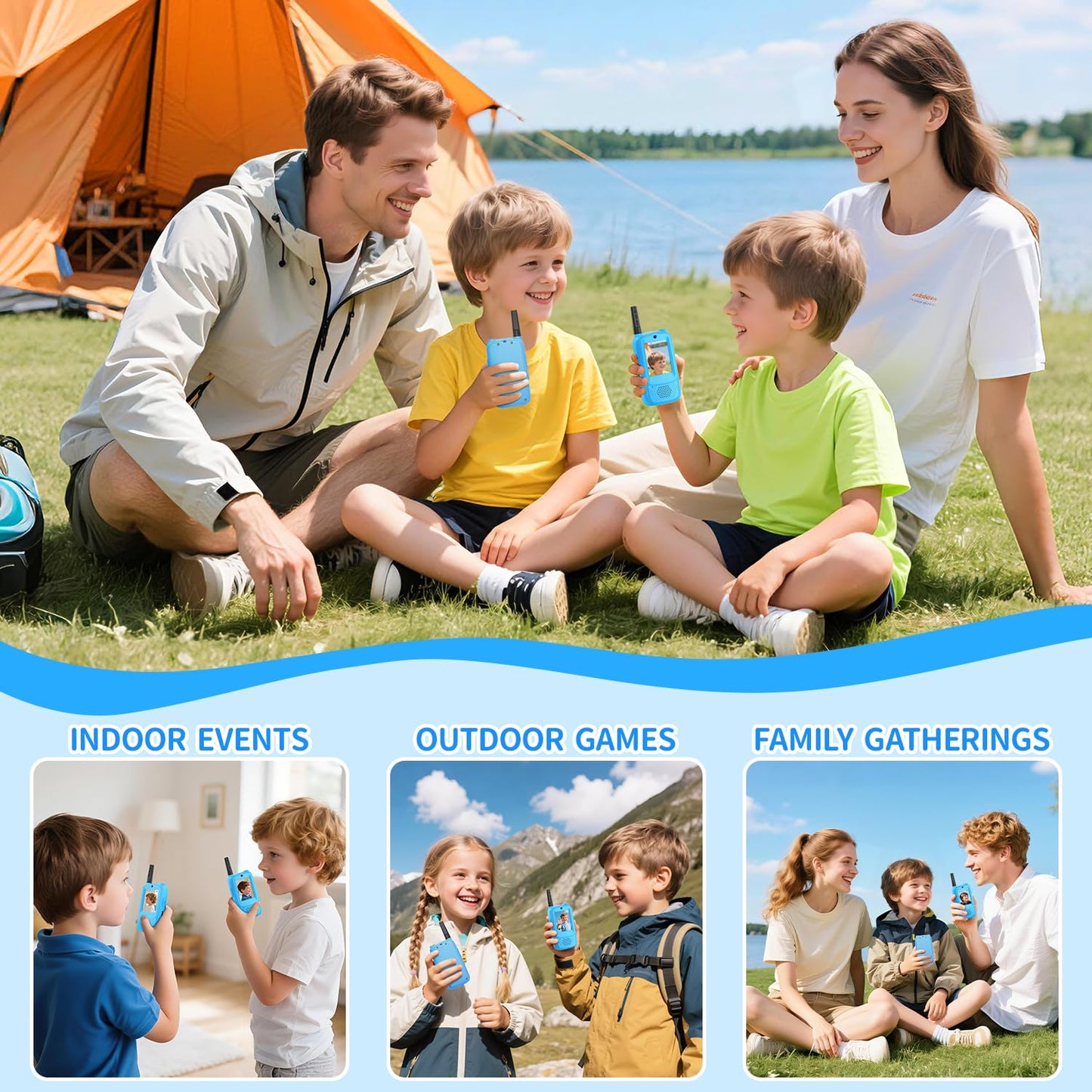 MINIBEAR holiday gift toy pack showing two blue video walkie talkies for boys and girls ages three to twelve