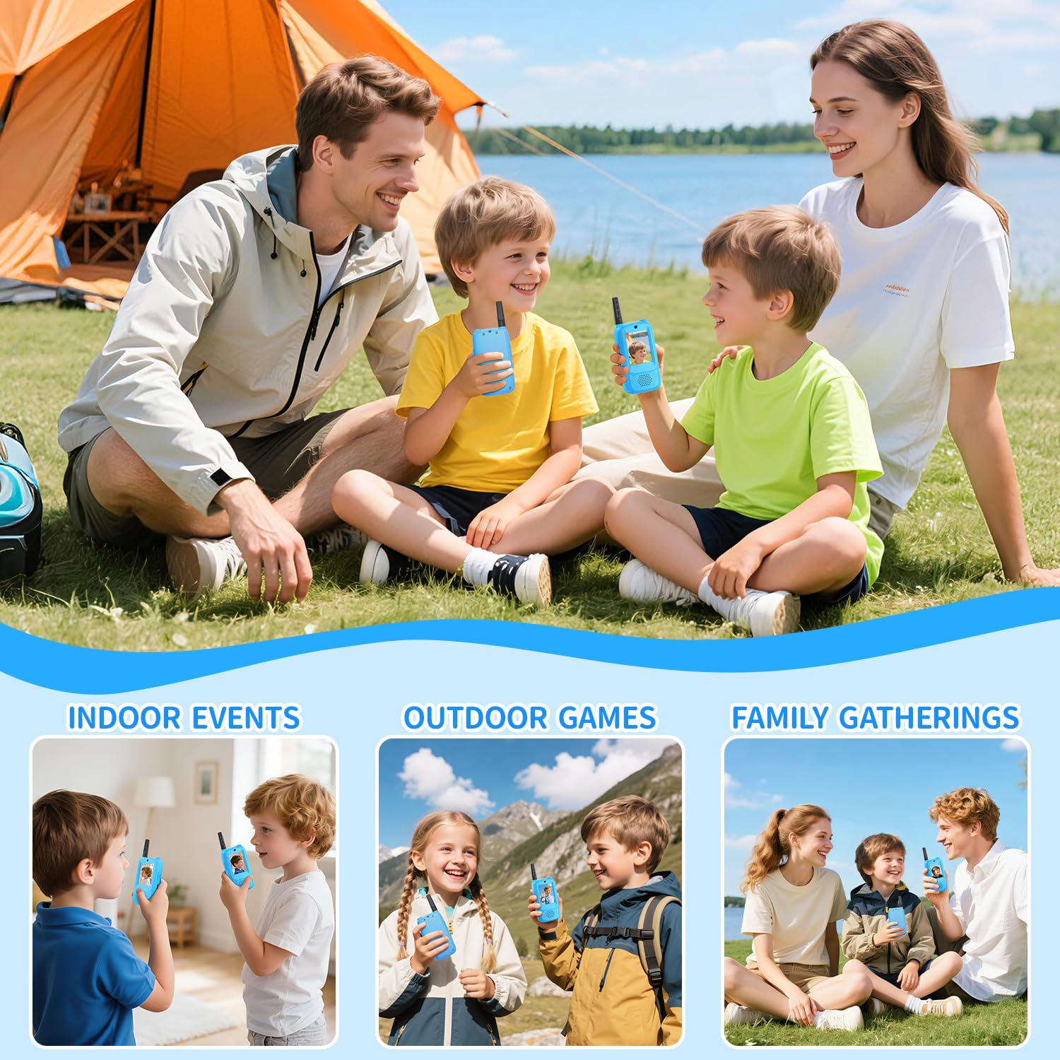MINIBEAR holiday gift toy pack showing two blue video walkie talkies for boys and girls ages three to twelve