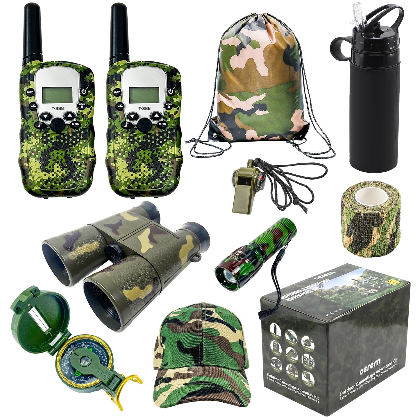 Close up view of the dual CEREM camouflage walkie talkies with digital screens and lanyards.