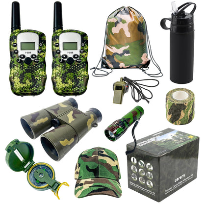 Close up view of the dual CEREM camouflage walkie talkies with digital screens and lanyards.