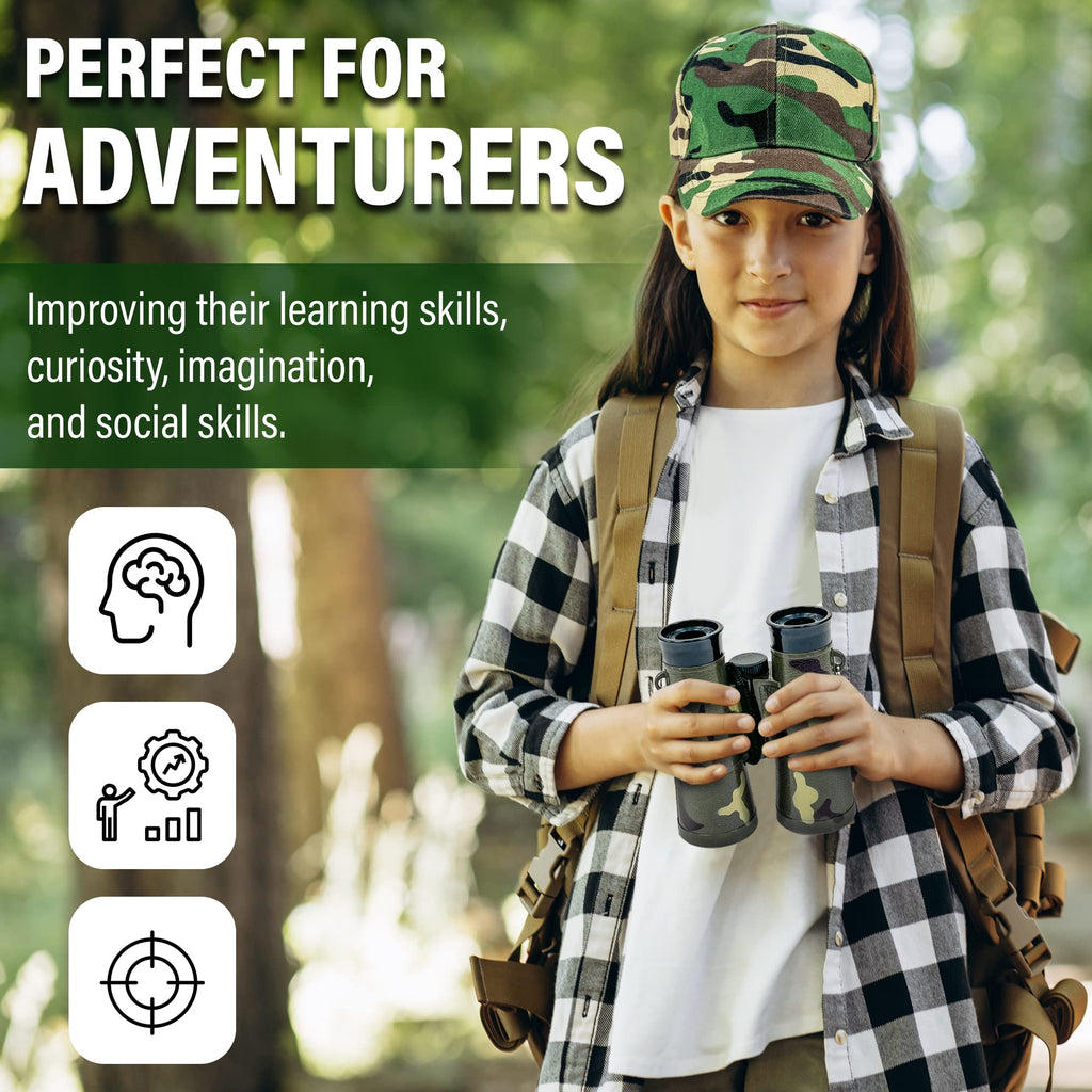 Child friendly adventure binoculars with neck strap alongside the protective storage bag.