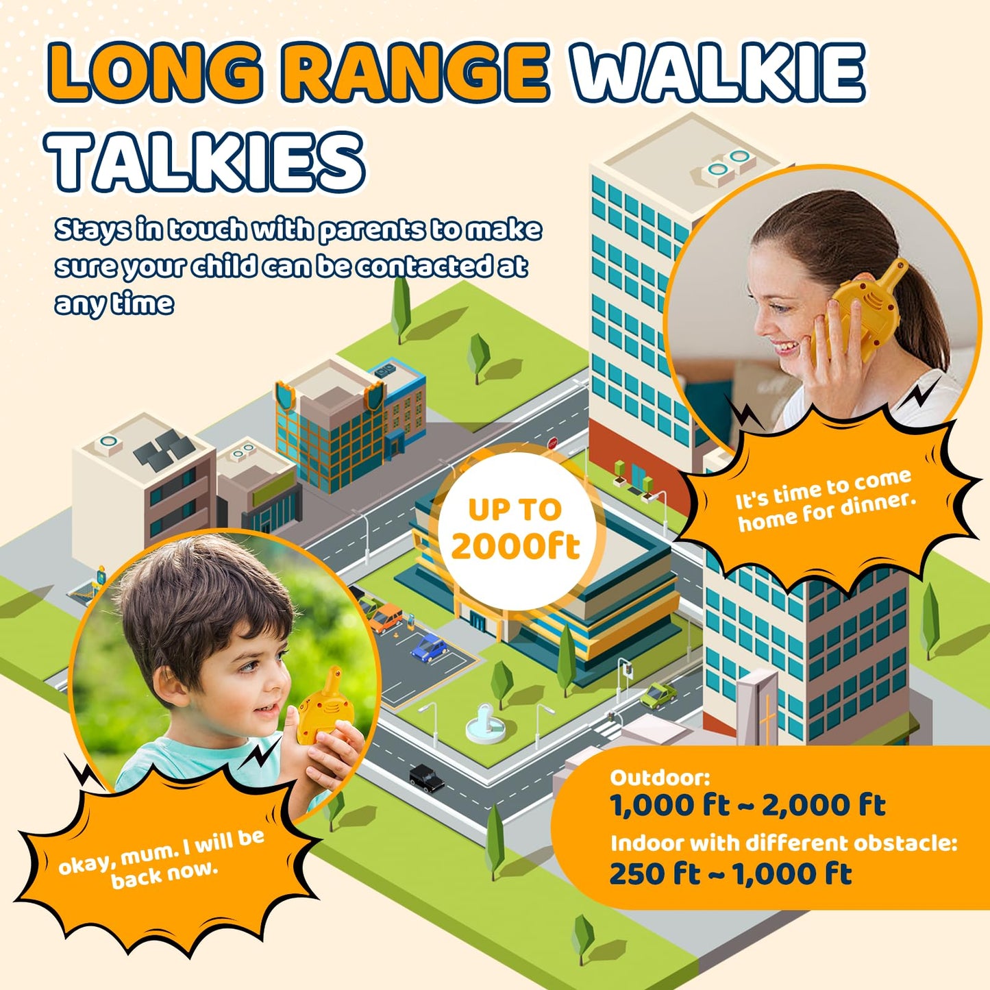 LAEBUILD yellow cartoon construction themed walkie talkies side profile showing the push to talk button.