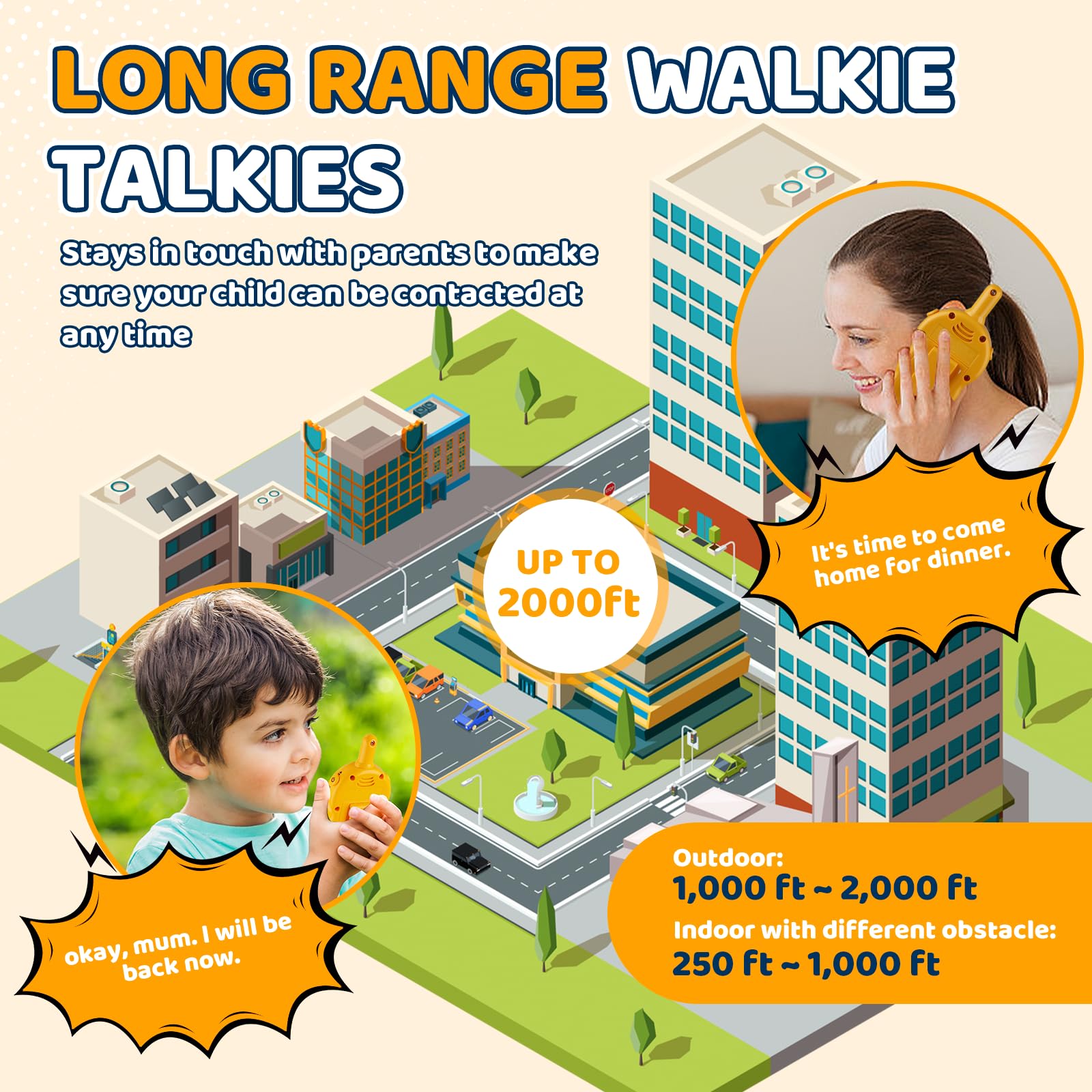 LAEBUILD yellow cartoon construction themed walkie talkies side profile showing the push to talk button.