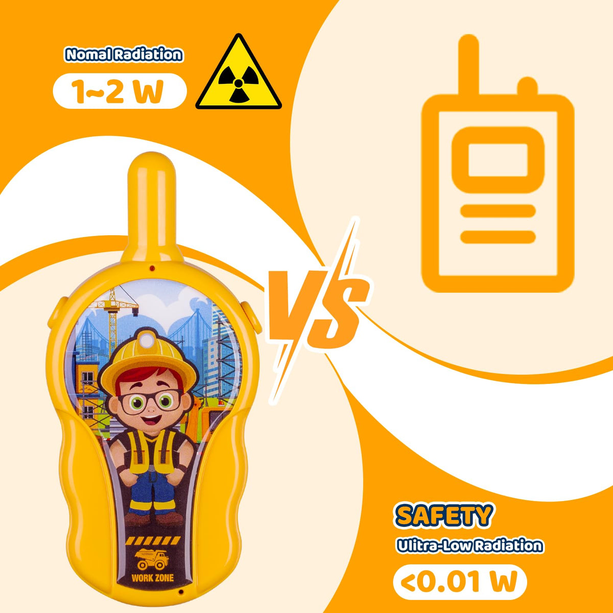 LAEBUILD low radiation kids communication toy packaging box graphic detailing safety specifications.