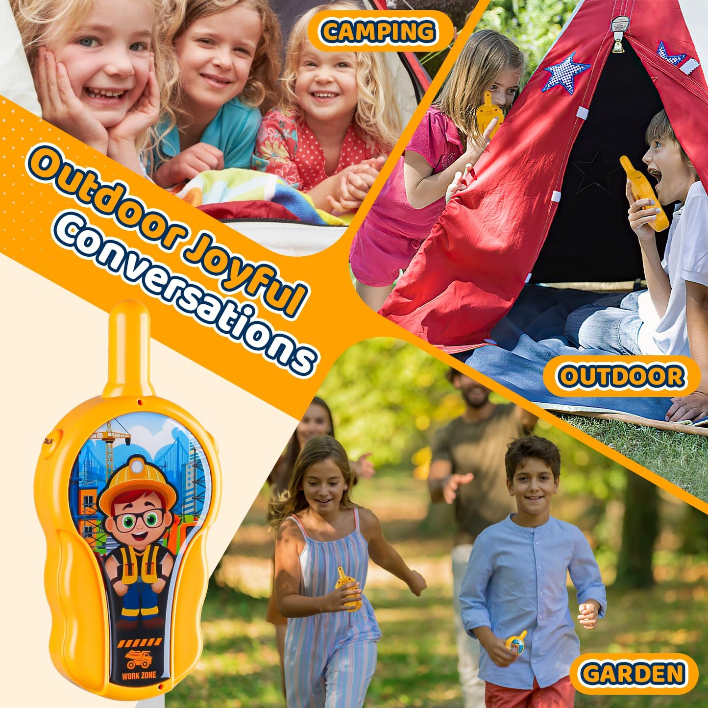 LAEBUILD ergonomic yellow handsets for toddlers showcasing the durable plastic antenna and secure grip.