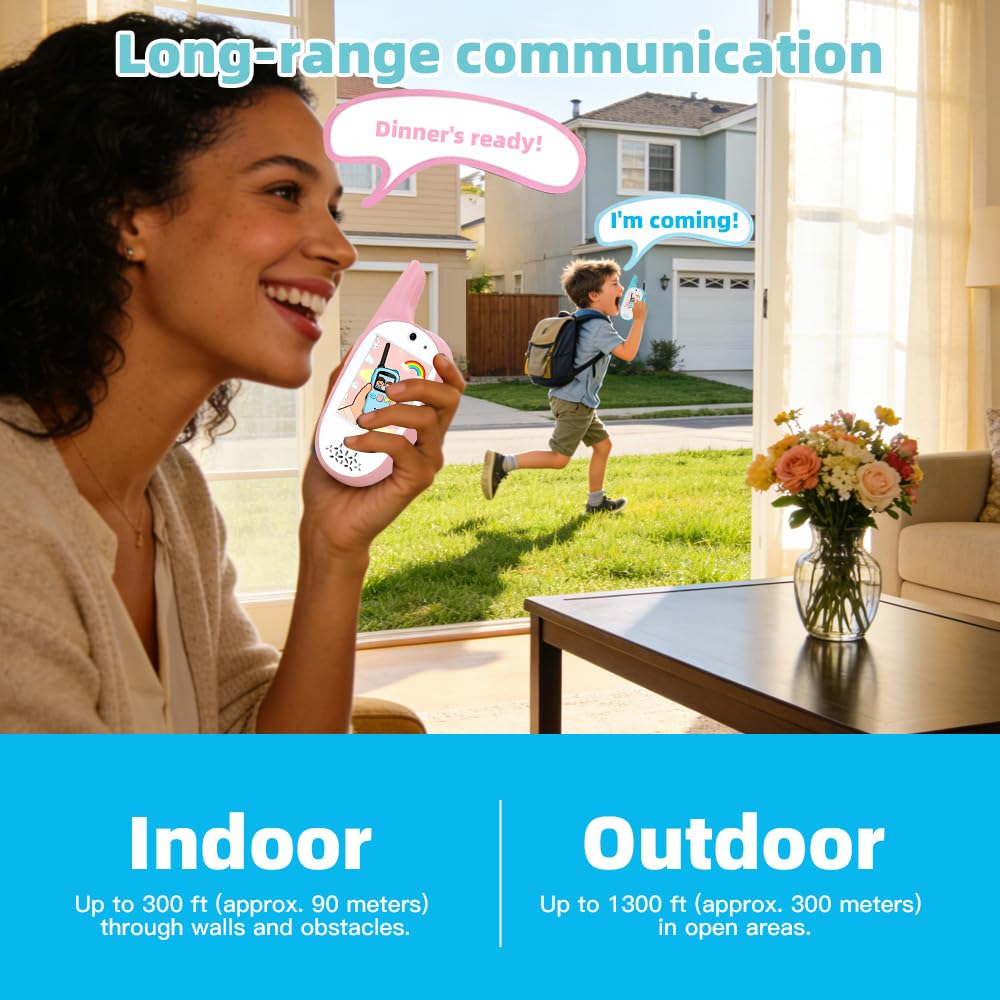 Rechargeable kids video walkie talkie set highlighting the dual front and rear camera lenses for taking photos