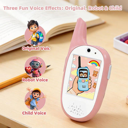 Side view of the blue kids video walkie talkie demonstrating the durable and lightweight structural design