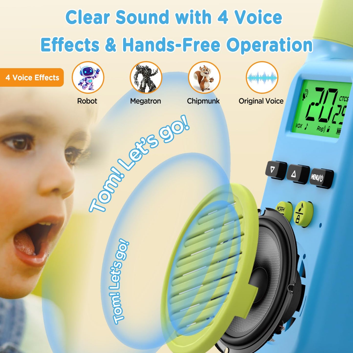 Peakeep two pack outdoor walkie talkies demonstrating the integrated light emitting diode flashlight function on top of the device