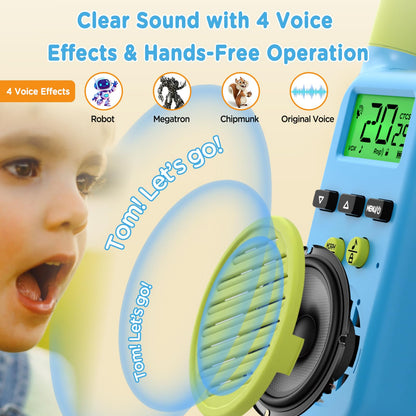 Peakeep two pack outdoor walkie talkies demonstrating the integrated light emitting diode flashlight function on top of the device