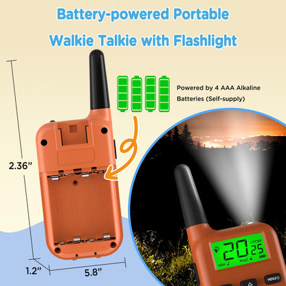 Peakeep long distance kids radios displaying the rear battery compartment requiring four triple A batteries per unit